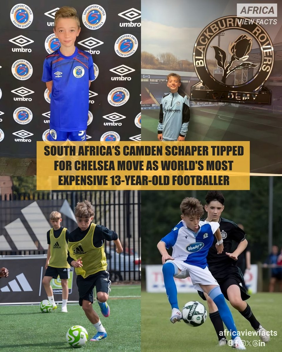 Camden Schaper, a 13-year-old footballer from South Africa 🇿🇦, is set to become the most expensive player ever at his age.

Chelsea are leading the race to sign him from Blackburn Rovers for a record R16.9 million (£700,000), beating several top English clubs