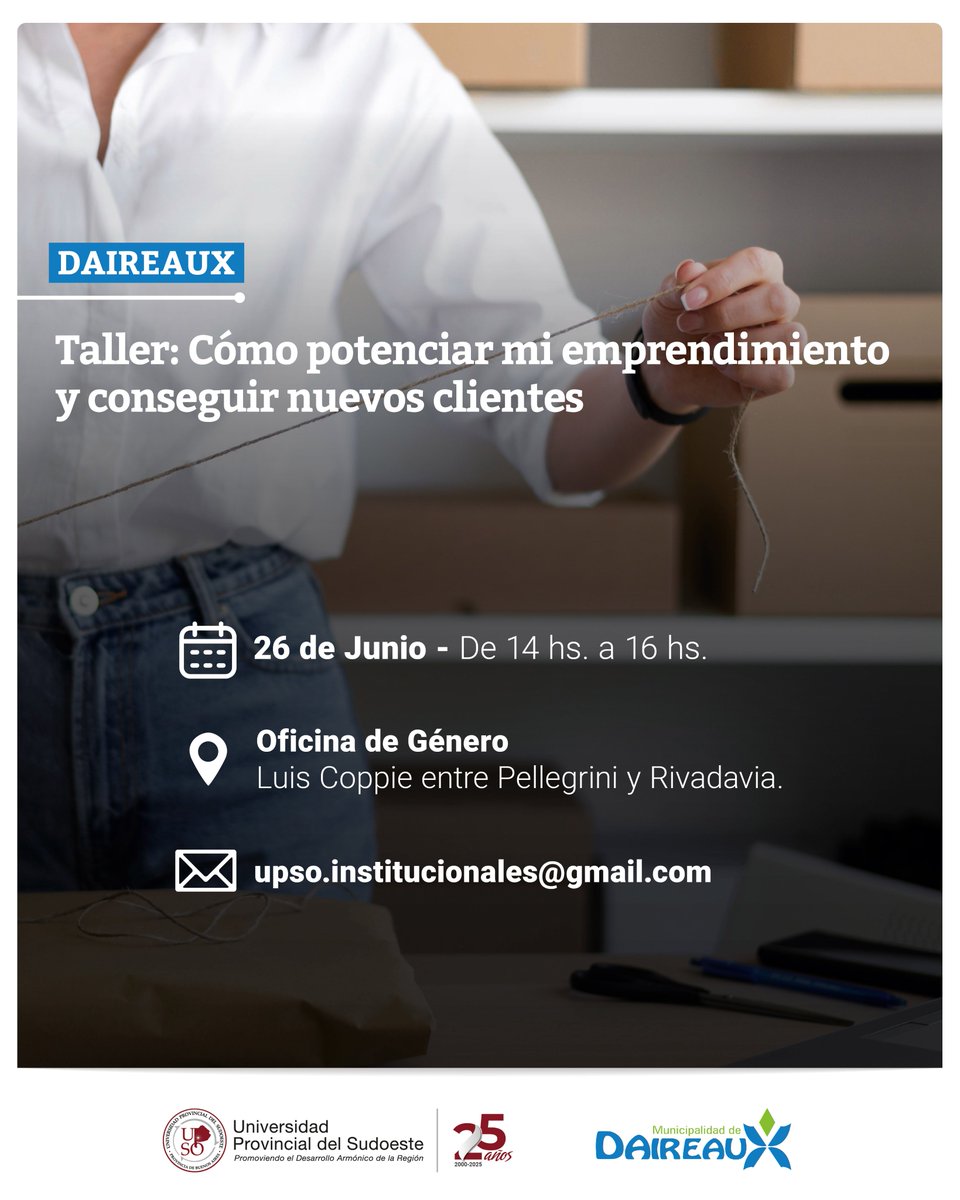 Universidad Provincial del Sudoeste - UPSO (@upsouniversidad) on Twitter photo #Daireaux – Taller: Cómo potenciar mi emprendimiento y conseguir nuevos clientes
📅 26 de junio.
⌚ 14 a 16 hs.
📍 Oficina de Género: Luis Coppie entre Pellegrini y Rivadavia.
✍️ Inscripciones: upso.edu.ar/daireaux-poten…
📧 Consultas: upso.institucionales@gmail.com #Daireaux – Taller: Cómo potenciar mi emprendimiento y conseguir nuevos clientes
📅 26 de junio.
⌚ 14 a 16 hs.
📍 Oficina de Género: Luis Coppie entre Pellegrini y Rivadavia.
✍️ Inscripciones: upso.edu.ar/daireaux-poten…
📧 Consultas: upso.institucionales@gmail.com