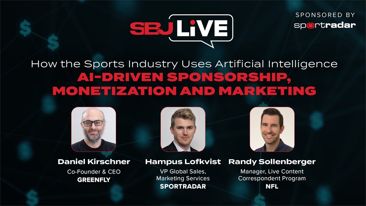 Greenfly (@greenfly) on Twitter photo Let's talk some shop...
Our very own Daniel Kirschner will be discussing AI in sports with the <a href="/NFL/">NFL</a>'s Randy Sollenberger and <a href="/Sportradar/">Sportradar</a>'s Hampus Lofkvist.
Hosted by <a href="/SBJ/">Sports Business Journal</a>'s <a href="/danielpkaufman/">Dan Kaufman</a>.
Wednesday, June 25, 2025 at 12:30 PM ET.
REGISTER // grnf.ly/SBJAIWebinar Let's talk some shop...
Our very own Daniel Kirschner will be discussing AI in sports with the <a href="/NFL/">NFL</a>'s Randy Sollenberger and <a href="/Sportradar/">Sportradar</a>'s Hampus Lofkvist.
Hosted by <a href="/SBJ/">Sports Business Journal</a>'s <a href="/danielpkaufman/">Dan Kaufman</a>.
Wednesday, June 25, 2025 at 12:30 PM ET.
REGISTER // grnf.ly/SBJAIWebinar