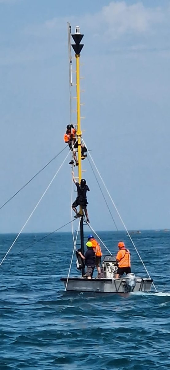 gsyharbours's tweet photo. Beacon Restored! 
 
Our Technical Services team has reinstated the Petite Canupe Beacon off NE Guernsey, lost during winter storms.
 
It now stands 13.5m tall, with a new light and 10 stabilising wires drilled into the rock using “rock-eyes.” https://t.co/wPE1XE0VE5