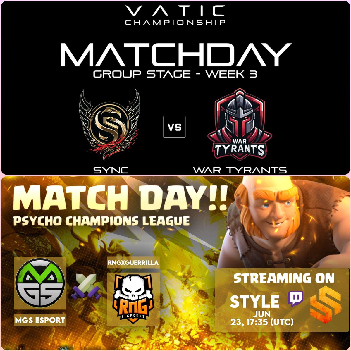 🟣 LIVEEEEEEEEE!

Arrancamos la Semana con todo! 💪

🏆 VTC - GS - Semana 3
✅ Synchronic Gaming 🆚 War Tyrants

🏆 PCL - Ronda 3
✅ RNG x Guerrilla 🆚 MGS Esport

TODO el MUNDO para DENTRO! ❤

📺 twitch.tv/style_coc