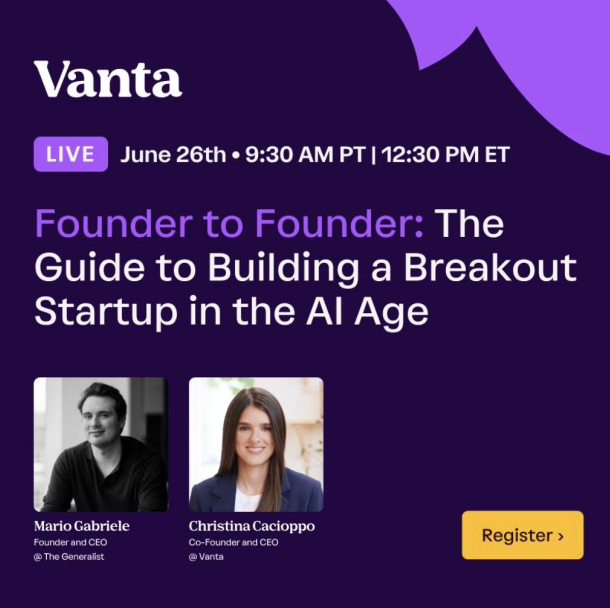 Vanta (@trustvanta) on Twitter photo Fast used to win. 🐇
Now only the sharp thrive.💡
Join our CEO <a href="/christinacaci/">Christina Cacioppo</a> and founder + CEO of <a href="/thegeneralistco/">The Generalist</a>, <a href="/mariogabriele/">Mario Gabriele 🦊</a>, for a live session on the real secret to breakout startups in an AI-rewritten market.
Expect battle-tested tactics on:
✔️ Nailing Fast used to win. 🐇
Now only the sharp thrive.💡
Join our CEO <a href="/christinacaci/">Christina Cacioppo</a> and founder + CEO of <a href="/thegeneralistco/">The Generalist</a>, <a href="/mariogabriele/">Mario Gabriele 🦊</a>, for a live session on the real secret to breakout startups in an AI-rewritten market.
Expect battle-tested tactics on:
✔️ Nailing