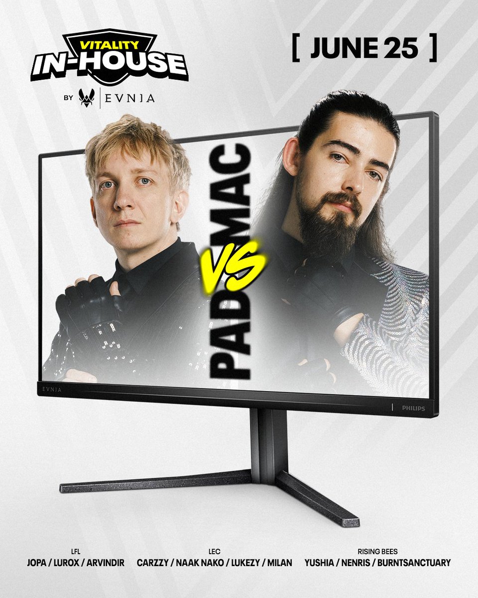 Team Vitality League (@teamvitalitylol) on Twitter photo JOIN OUR VITALITY IN-HOUSE by <a href="/evniaglobal/">Evnia</a>
<a href="/MacCLol/">James MacCormack</a> and <a href="/MadLadPad/">Vitality Pad</a> are going head to head in a best of three with teams mixed with players and staff from all three League rosters.
Join us on June 25 at 19:00 LIVE on Twitch with commentary, listen ins and more JOIN OUR VITALITY IN-HOUSE by <a href="/evniaglobal/">Evnia</a>
<a href="/MacCLol/">James MacCormack</a> and <a href="/MadLadPad/">Vitality Pad</a> are going head to head in a best of three with teams mixed with players and staff from all three League rosters.
Join us on June 25 at 19:00 LIVE on Twitch with commentary, listen ins and more
