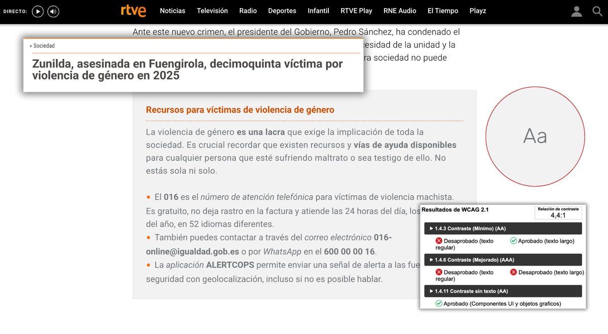 acciumred_media's tweet photo. Os rogamos #accesibilidad. El bajo contraste excluye a víctimas con baja visión o dificultades cognitivas. Además, no facilitáis recursos accesibles para víctimas sordas, sordociegas, no verbales o con dificultades de comprensión. Priorizad la #LecturaFácil. #ViolenciaMachista @rtvenoticias