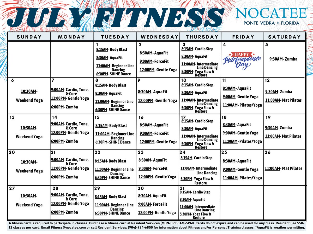 💪 July is stacked with freedom, fun, and fitness! 🇺🇸
Join us for crowd favorites like Line Dancing, Yoga, and Aquafit all month long—except Friday, July 4th, when classes take a break for the holiday! 🎇