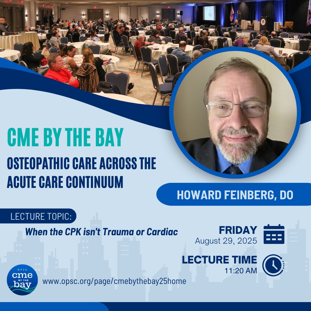 CME By The Bay Speaker Highlight: Dr. Howard Feinberg, DO
 📍 Lecture: When the CPK isn't Trauma or Cardiac
 🗓️ August 29–31, 2025
 📌 Hyatt Regency Monterey Hotel &amp; Spa | Monterey, California

🔗 Register now: bit.ly/4dQk7eK

#OPSC2025 #CMEbytheBay #DOproud