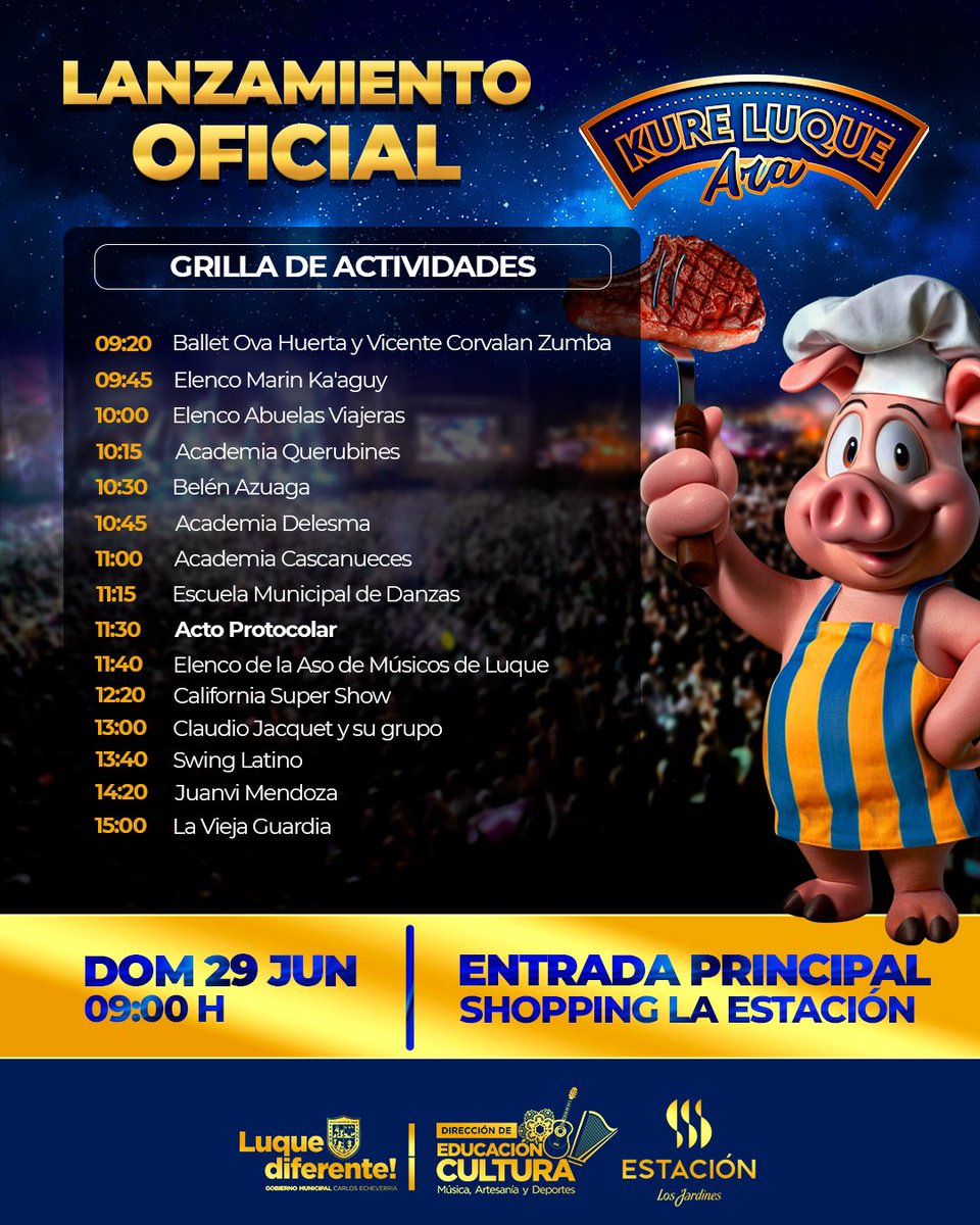 🐷🇺🇦🔥 ¡Se viene el gran lanzamiento del Kure Luque Ára!

📅 Te esperamos este domingo 29 de junio a las 09:00 h en la entrada principal del Shopping La Estación para vivir la previa. 

📋 Te dejamos la grilla de actividades para que no te pierdas nada de esta fiesta única.