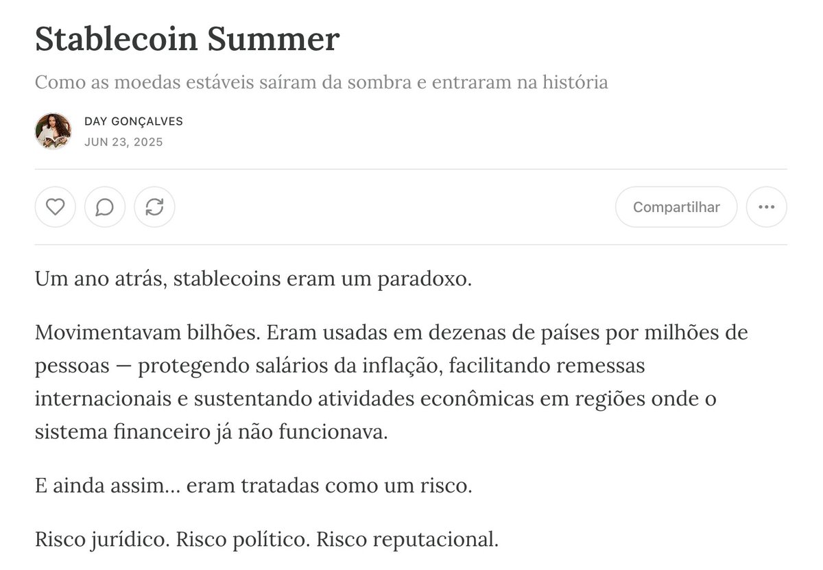 Todo mundo dizia que stablecoins eram “sombra da cripto”.

Hoje, viraram política pública nos EUA.

🧵 Leia: open.substack.com/pub/criptada/p…