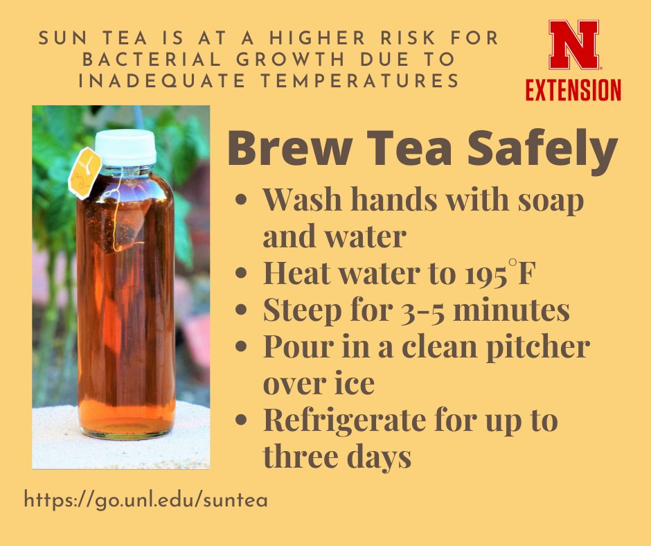 Nebraska Extension in Douglas-Sarpy Counties & 4H (@douglassarpyext) on Twitter photo Next to water, tea is the most consumed beverage worldwide! In the U.S., 85% of tea is black—and served iced. 🧊☀️
A cold glass is perfect for summer, but brewing it safely matters.
Learn how: go.unl.edu/suntea
#UNLFoodSafety #IcedTeaTips #StaySafeThisSummer
<a href="/Momof3RD/">Cindy Brison</a> Next to water, tea is the most consumed beverage worldwide! In the U.S., 85% of tea is black—and served iced. 🧊☀️
A cold glass is perfect for summer, but brewing it safely matters.
Learn how: go.unl.edu/suntea
#UNLFoodSafety #IcedTeaTips #StaySafeThisSummer
<a href="/Momof3RD/">Cindy Brison</a>