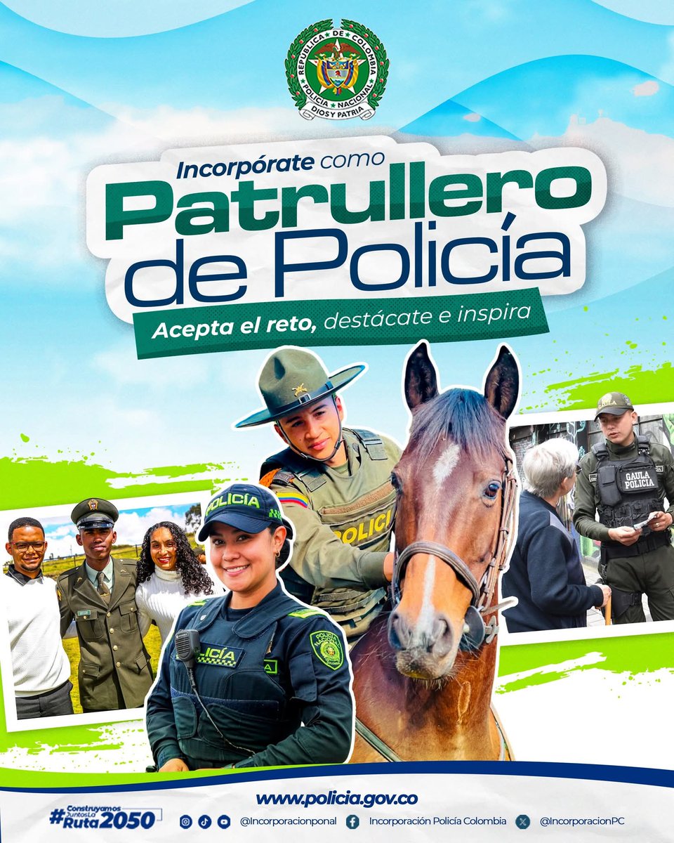 🚨 ¡𝐇𝐚𝐳 𝐡𝐢𝐬𝐭𝐨𝐫𝐢𝐚 𝐲 𝐦𝐚𝐫𝐜𝐚 𝐥𝐚 𝐝𝐢𝐟𝐞𝐫𝐞𝐧𝐜𝐢𝐚! Sé parte de la Policía Nacional de los Colombianos, como patrullero de policía 👮‍♀️👮‍♂️ y vive una experiencia única que transformará tu futuro. 🚀

Preinscríbete ya ingresando a 👉 bit.ly/4nlxVlM