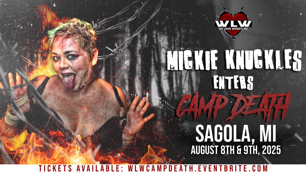 welovewr3stling's tweet image. ALREADY ANNOUNCED FOR #WLWCampDeath
@theakiraway
Lil Sicko
@BloodyMickie
@DalePatricks
August 8th & 9th we present a weekend filled with fun, blood & violence! Join us in Sagola, MI for CAMP DEATH
🎟️ : WLWCampDeath.eventbrite.com
LIMITED Camping passes remain!
#WeLoveWrestling