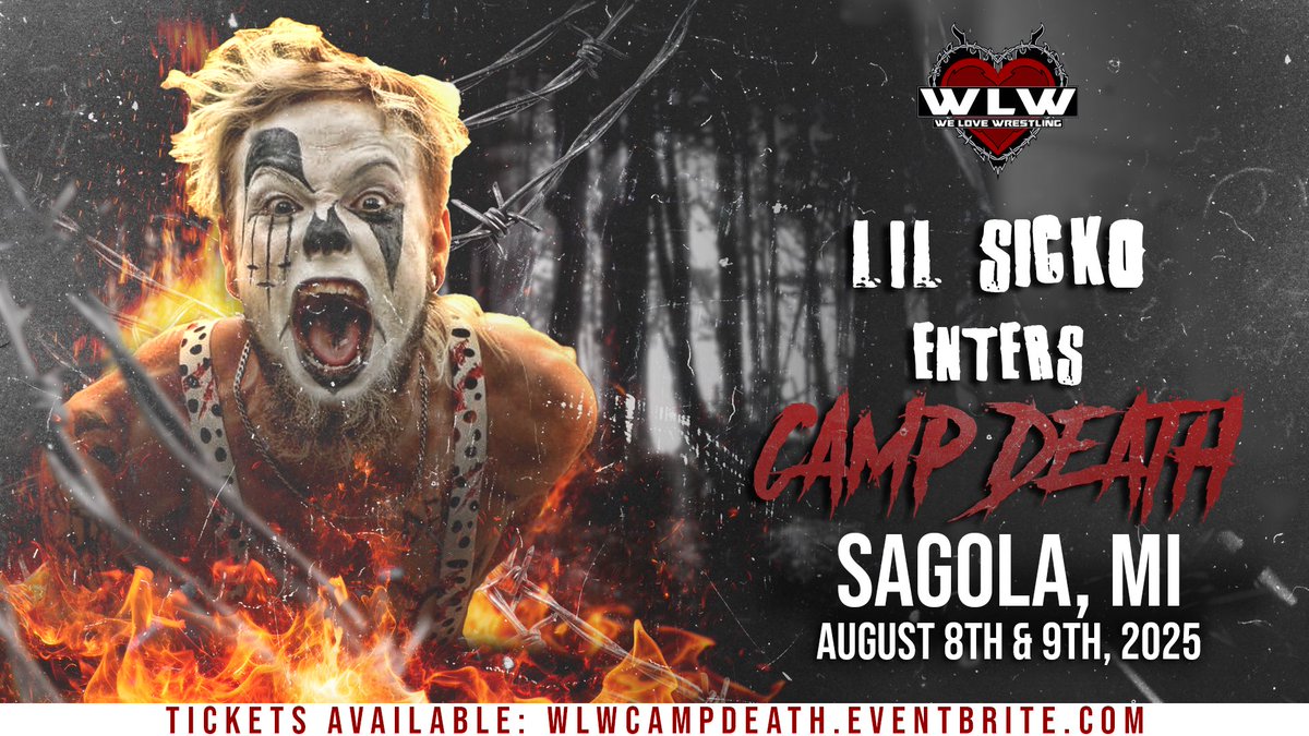 welovewr3stling's tweet image. ALREADY ANNOUNCED FOR #WLWCampDeath
@theakiraway
Lil Sicko
@BloodyMickie
@DalePatricks
August 8th & 9th we present a weekend filled with fun, blood & violence! Join us in Sagola, MI for CAMP DEATH
🎟️ : WLWCampDeath.eventbrite.com
LIMITED Camping passes remain!
#WeLoveWrestling