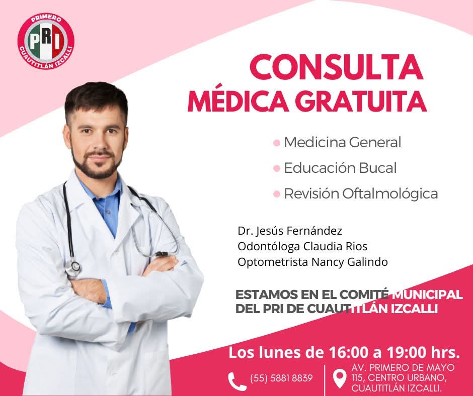 PRICIzc's tweet photo. El Comité Municipal del PRI de Cuautitlán Izcalli te invita:

✅ Consulta Médica GRATUITA
📅 Todos los lunes
🕓 De 16:00 a 19:00 horas
📍 Comité Municipal del PRI, Cuautitlán Izcalli

👩‍⚕️ Acude con tu familia y recibe atención profesional sin costo.

Compartamos esta invitación https://t.co/5JV7YmaKbL