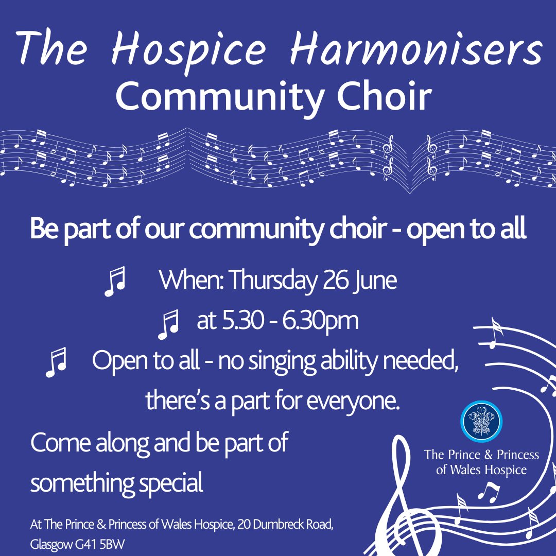 The Prince & Princess of Wales Hospice (@ppwhospice) on Twitter photo ๐ถ Our Hospice Community Choir meets on Thursday๐ถ
Do you love to sing, meet new people, and share in the joy of music? ๐ Come along at 5.30pm and join The Hospice Harmonisers
No need to book, just come along to The Prince & Princess of Wales Hospice
<a href="/TWComms1/">Tricia Ward ๐บ๐ฆ</a>
@littlescars ๐ถ Our Hospice Community Choir meets on Thursday๐ถ
Do you love to sing, meet new people, and share in the joy of music? ๐ Come along at 5.30pm and join The Hospice Harmonisers
No need to book, just come along to The Prince & Princess of Wales Hospice
<a href="/TWComms1/">Tricia Ward ๐บ๐ฆ</a>
@littlescars