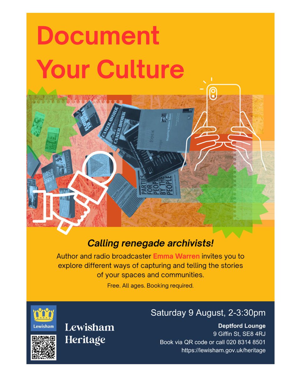 Lewisham Heritage (@lewheritage) on Twitter photo Calling renegade archivists!
Author and broadcaster Emma Warren invites you to explore different ways of capturing and telling the stories of your communities and spaces.
<a href="/DeptfordLounge/">Deptford Lounge</a> Sat 9 Aug, 2-3:30pm. All ages, free, book here: lewisham.events.mylibrary.digital/event?id=229073 Calling renegade archivists!
Author and broadcaster Emma Warren invites you to explore different ways of capturing and telling the stories of your communities and spaces.
<a href="/DeptfordLounge/">Deptford Lounge</a> Sat 9 Aug, 2-3:30pm. All ages, free, book here: lewisham.events.mylibrary.digital/event?id=229073