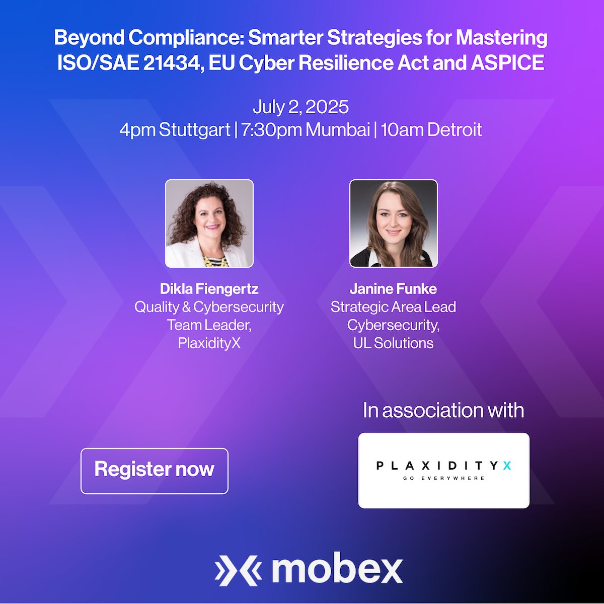 Live webinar: Beyond Compliance: Smarter Strategies for Mastering ISO/SAE 21434, EU Cyber Resilience Act and ASPICE by PlaxidityX. July 2, 2025 4pm Stuttgart | 7:30pm Mumbai | 10am Detroit. Register free: tinyurl.com/38ztpeu9