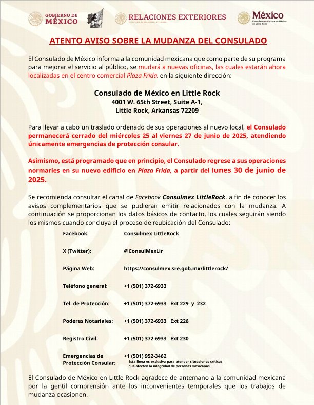 ¡El Consulado de México en Little Rock se muda a Plaza Frida el miércoles 25 de junio de 2025!