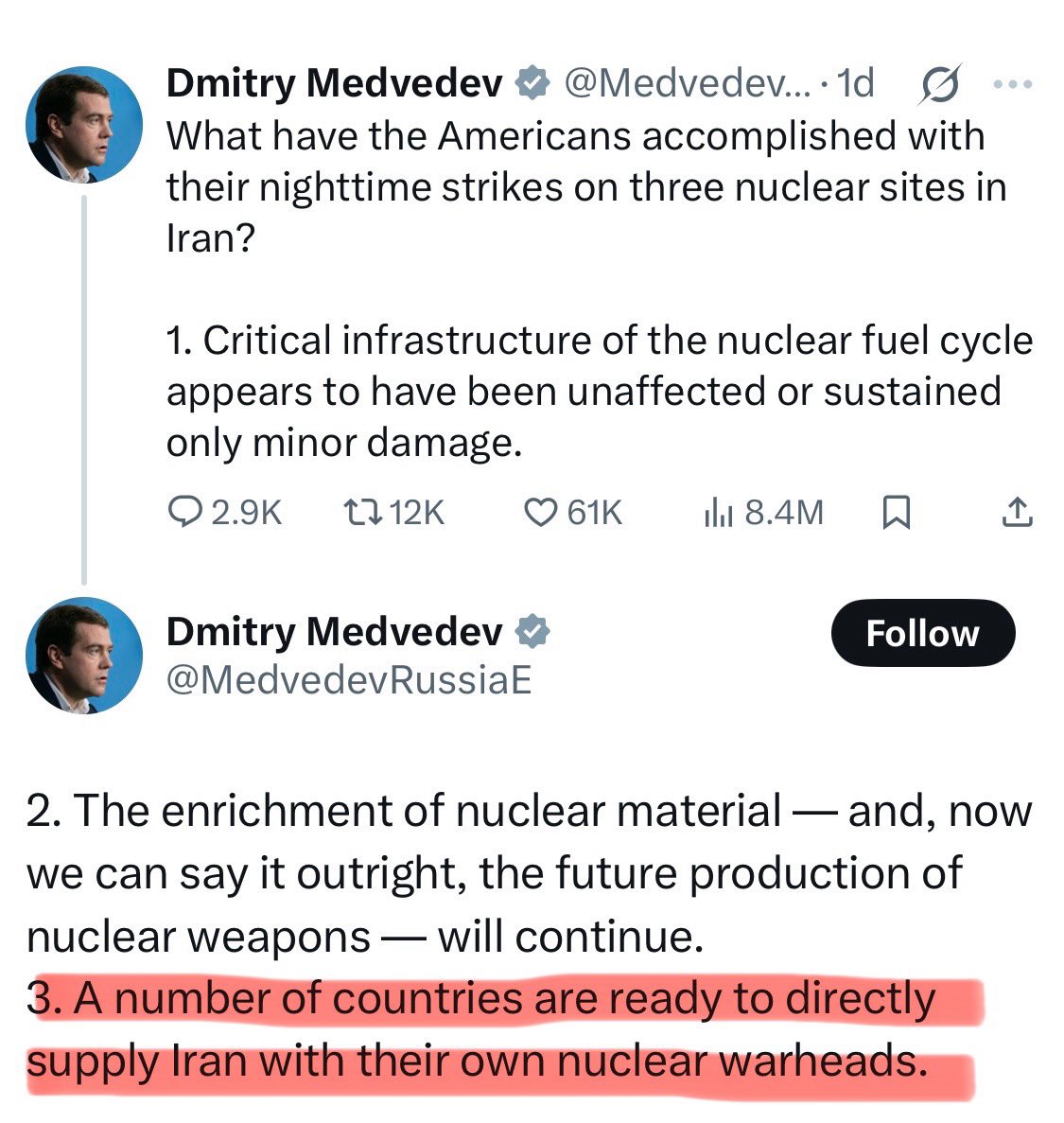 Donald Trump: “Did I hear former president Medvedev, from Russia, casually saying that he and other countries would supply nuclear warheads to Iran? If he did say that please let me know, IMMEDIATELY.”
