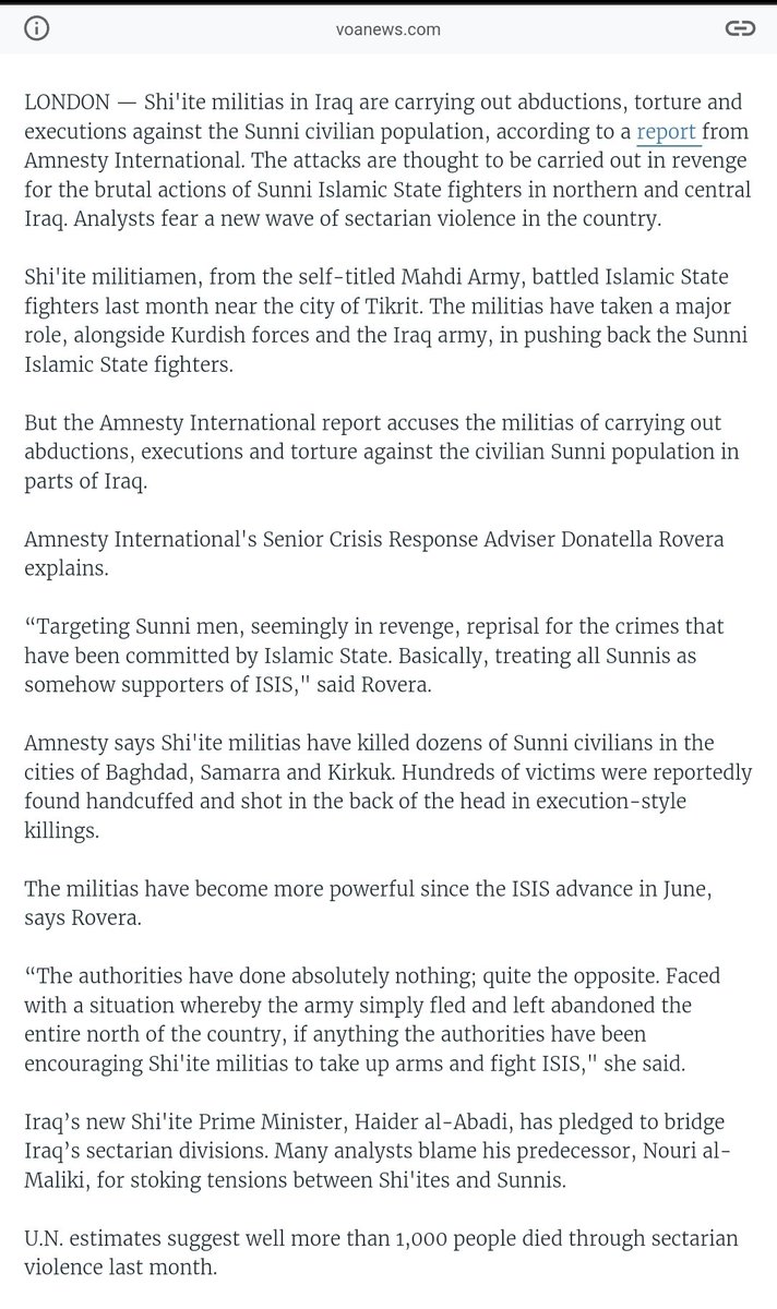 It is September, 2014.

Shia Militias propped up by Iran label every Sunni in Iraq as being members of Isis,

So they kidnap and kill +1000 Sunnis in 1 month.

They handcuff them, torture them and then line them up and shoot them in the head.

This is your beloved Shia/Iran.