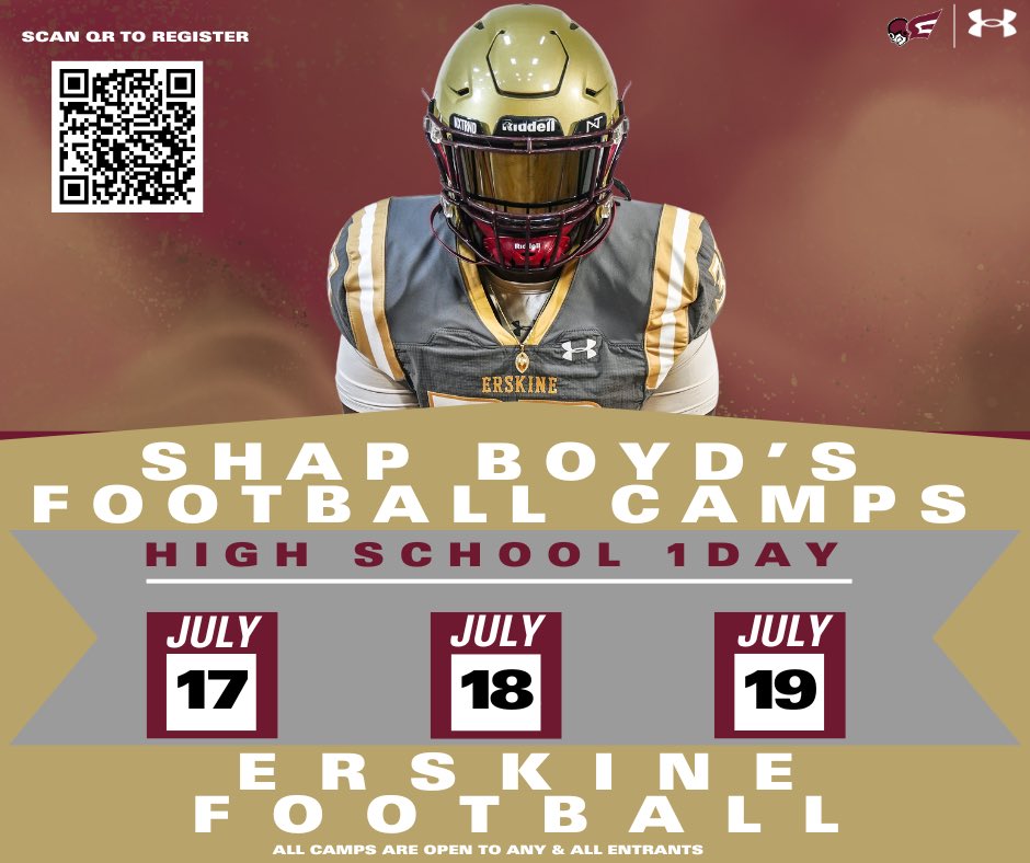FleetFB's tweet image. IT'S ALMOST THAT TIME AGAIN ‼️ Head Coach Shap Boyd is hosting his Football Camps July 17th, 18th, & 19th. You can register online at erskinefootballcamps.com