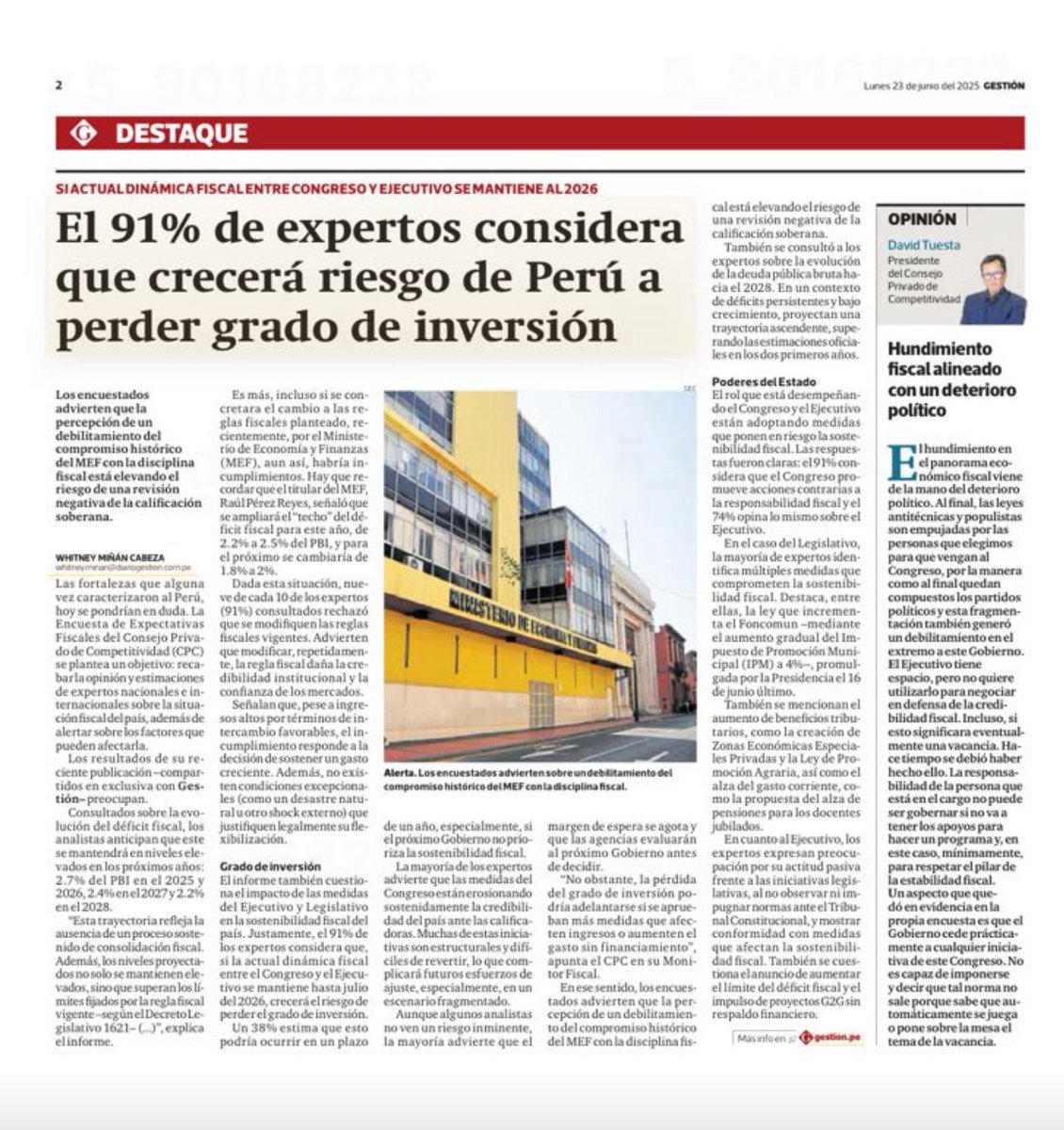 David Tuesta (@tuestadavid) on Twitter photo 🚨 El 91% de expertos advierte: Perú está en riesgo real de perder su grado de inversión. Casi la mitad cree que ocurrirá en 2 años si Congreso y Ejecutivo siguen igual.
¿El costo? Más pobreza, menos empleo, mayor financiamiento.
📉 #MonitorFiscalCPC #Perú <a href="/cpcperu/">Consejo Privado de Competitividad</a> <a href="/Gestionpe/">Diario Gestión</a> 🚨 El 91% de expertos advierte: Perú está en riesgo real de perder su grado de inversión. Casi la mitad cree que ocurrirá en 2 años si Congreso y Ejecutivo siguen igual.
¿El costo? Más pobreza, menos empleo, mayor financiamiento.
📉 #MonitorFiscalCPC #Perú <a href="/cpcperu/">Consejo Privado de Competitividad</a> <a href="/Gestionpe/">Diario Gestión</a>