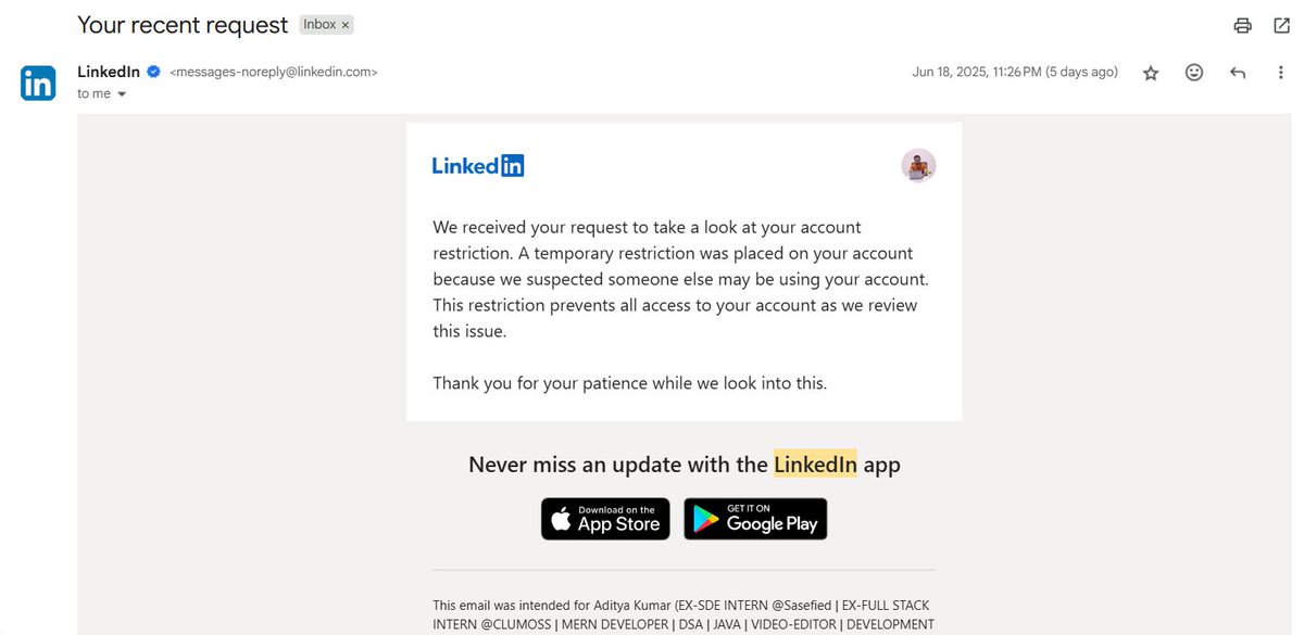 dev_with_adi's tweet photo. @LinkedInHelp  I’m stuck! My main &amp; temp accounts are restricted. I can’t raise a support ticket as login is blocked, and emails are auto-rejected without a case. Please check the full details in the attached screenshot. Need urgent help to resolve this! #LinkedInSupport https://t.co/PrdBTvwGcf