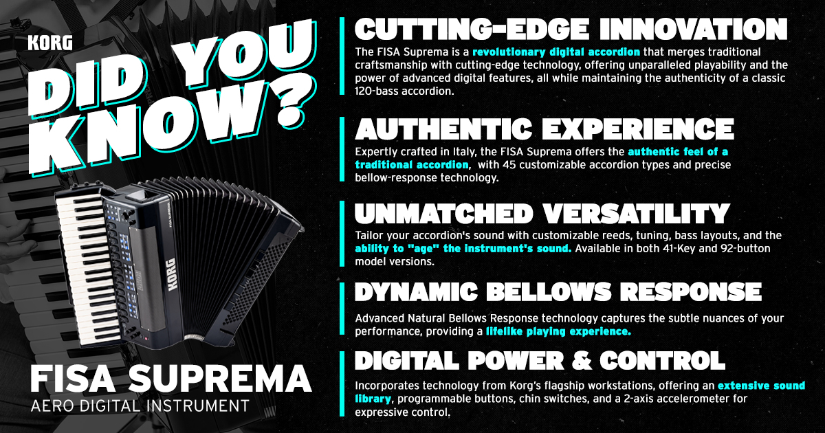 🤔 Did You Know? FISA SUPREMA Edition! 

Expertly crafted in Italy, it blends traditional 120-bass accordion feel with cutting-edge tech including Natural Bellows Response, customizable reeds and tunings, and expressive control via chin switches and a 2-axis accelerometer. With