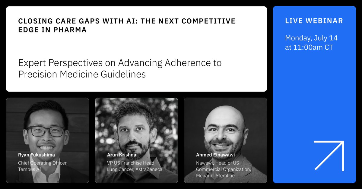 TempusAI's tweet image. Join us for an upcoming webinar on Monday, July 14. Hear from Arun Krishna and Ahmed ElNawawi, alongside Ryan Fukushima, as they unveil innovative strategies to optimize market understanding of therapy trends and adherence to guideline driven care in the dynamic field of…