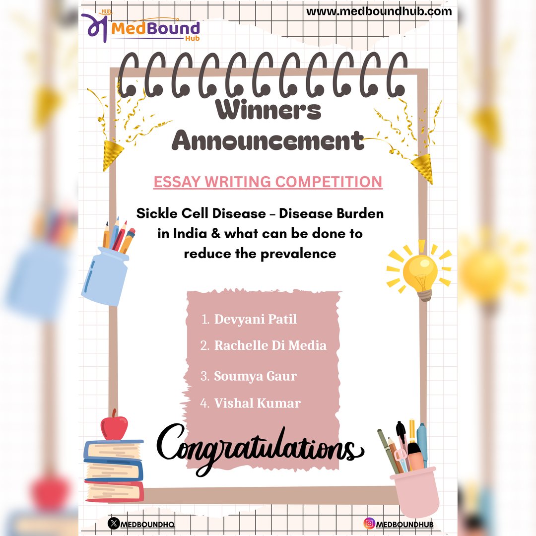 Essay Competition Winners Announced!

Topic: Sickle Cell Disease – Burden in India &amp; What Can Be Done

A big THANK YOU to everyone who participated and made it a tough choice for our team!

🏅 Winners:
• Devyani Patil
• Rachelle Di Media
• Soumya Gaur
• Vishal Kumar