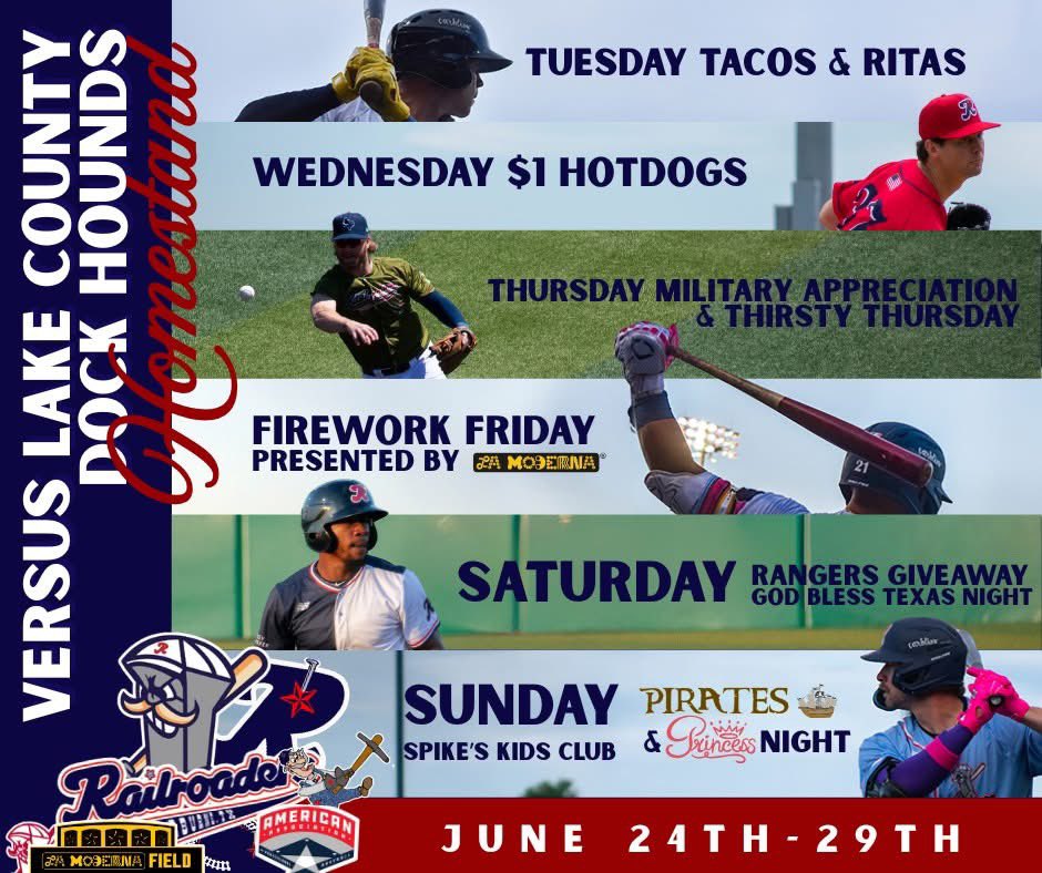 From fireworks, to $ hot dogs, Jung ring giveaway, pirates and princesses, and so much more! We'll see ya at the ballpark all week long!

🎟 bit.ly/3uITfLn

#AllAboard | #railroaderbaseball