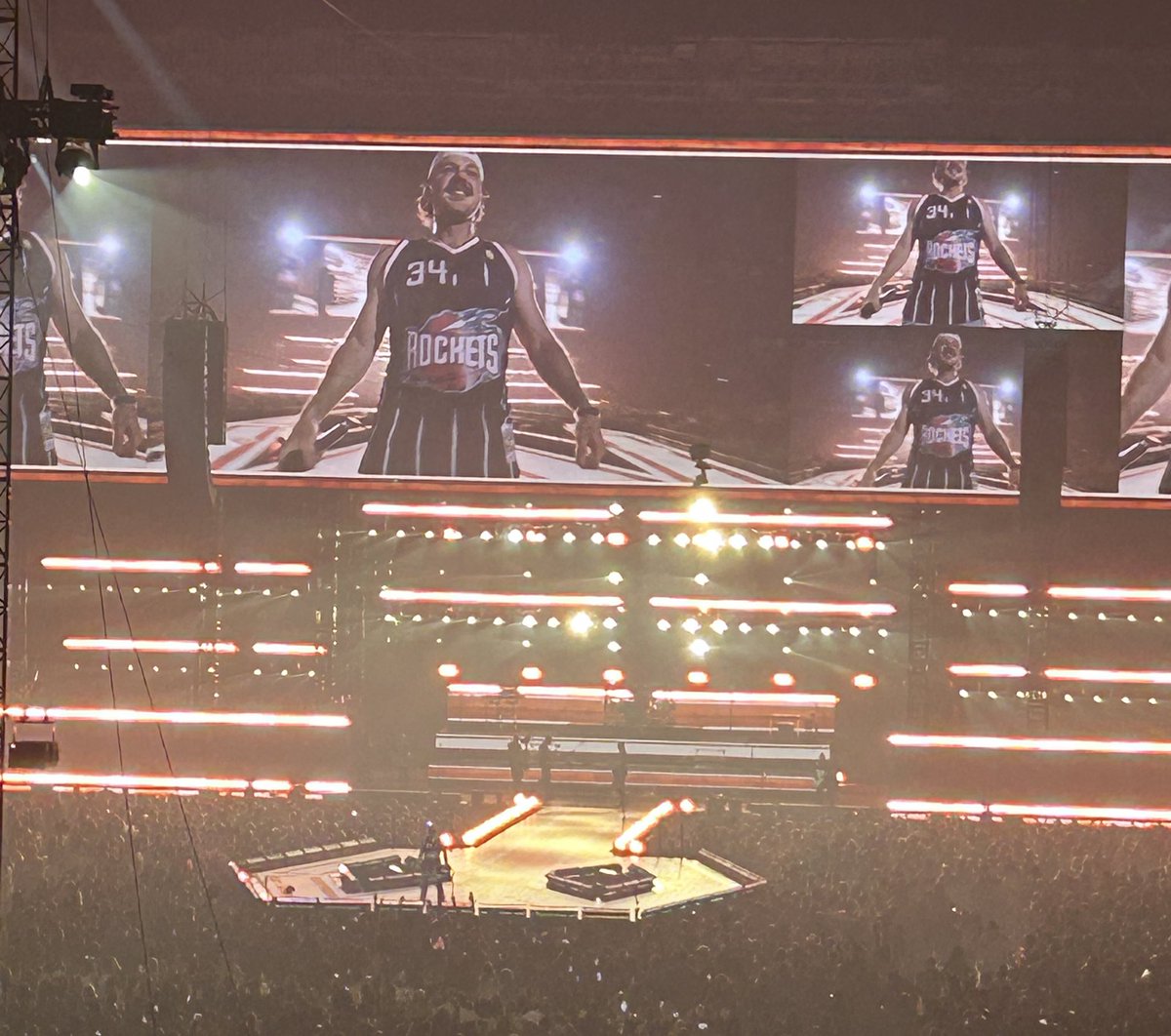 Johnseago's tweet image. I only went because my wife is a fan of @MorganWallen’s music, but I got to admit, he got this Houston boy when he came out in an old school Olajuwon Rockets jersey. Solid throwback to #ClutchCity. Respect.