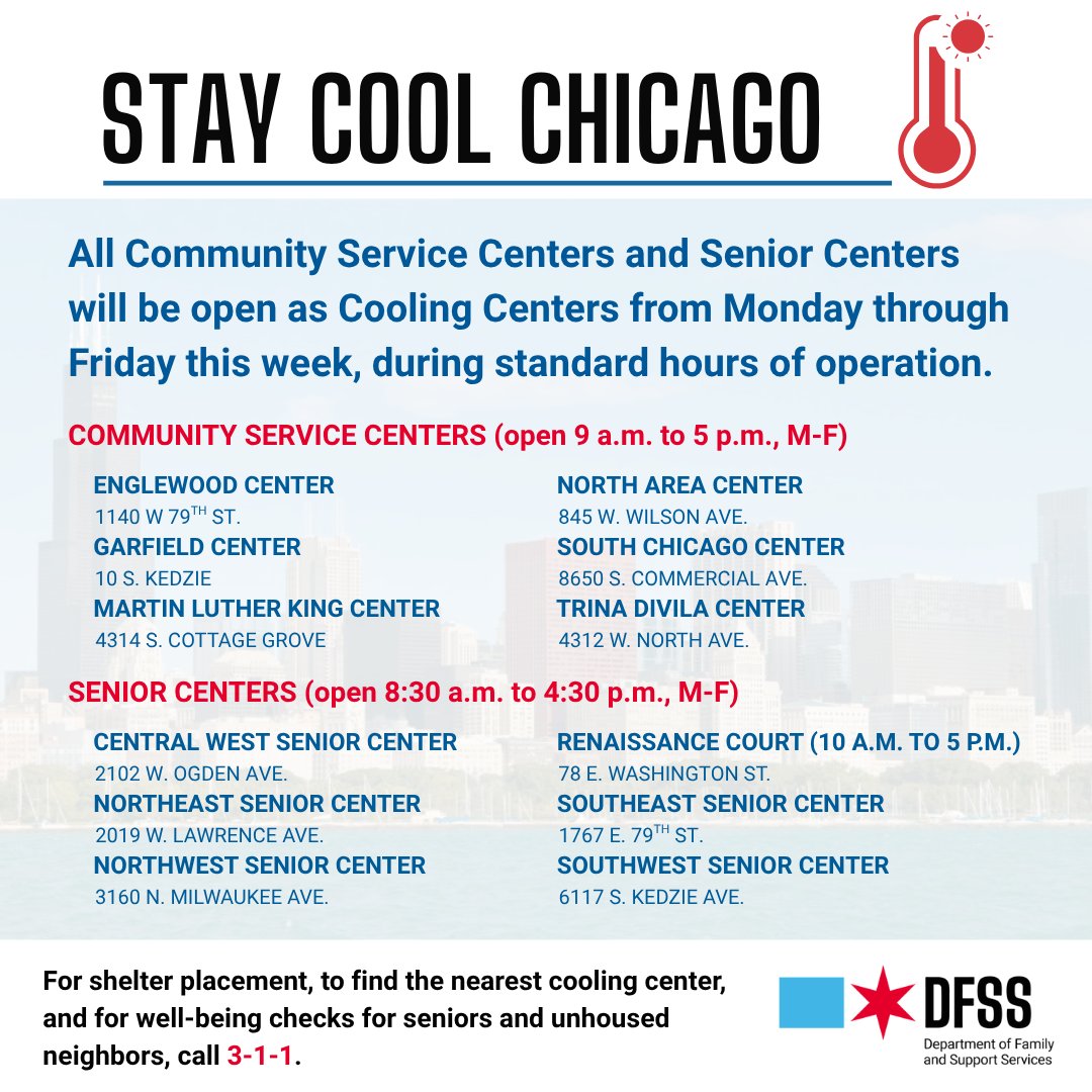 ChiFamSupport's tweet image. All Community Service Centers and Senior Centers will be open as Cooling Centers from Monday through Friday this week, including our 15 satellite Senior Centers: chicago.gov/seniors.
For a full list of citywide Cooling Center locations, visit data.cityofchicago.org/Health-Human-S…