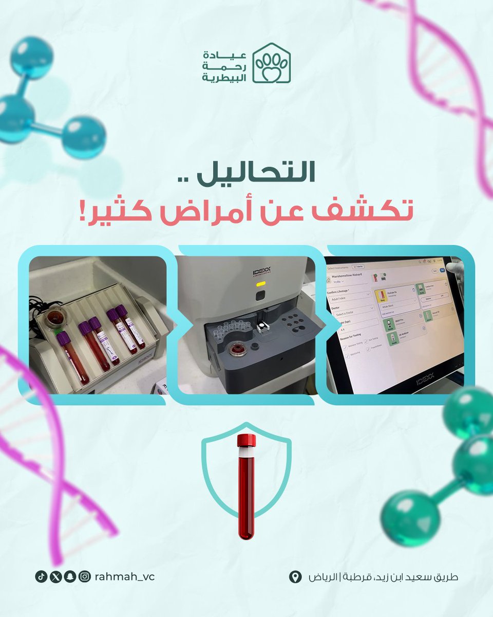 تحس #أليفك مو على طبيعته؟
كسلان؟ رافض ياكل؟ أو يسوي تصرفات غريبة؟ 🐶🐱

لا تنتظر لين تتطور الحالة!
في #عيادة_رحمة_البيطرية نوفرلك فريق طبي متميز بخبرات واسعة، وأجهزة تحاليل طبية حديثة تكشف الحالة بدقة وسرعة.🔎

ننتظركم.. ولا تقلق أليفك في يد رحيمة!💙
#الرياض #التحاليل #الكشوفات