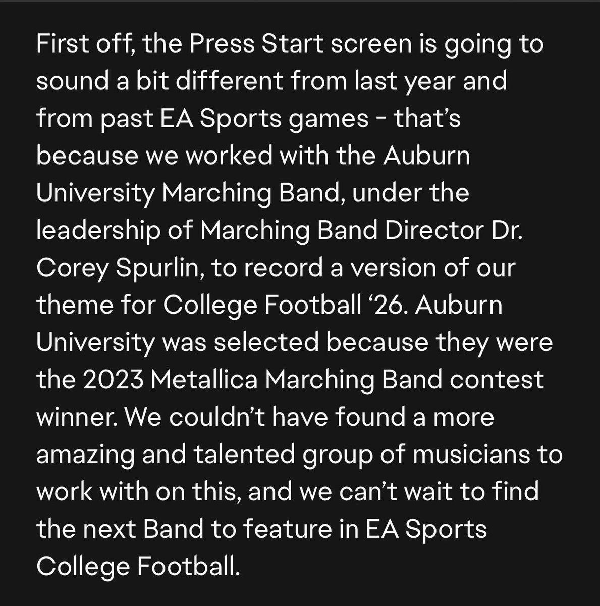 pretty cool: the Auburn University Marching Band recorded the title screen theme for the new college football video game
