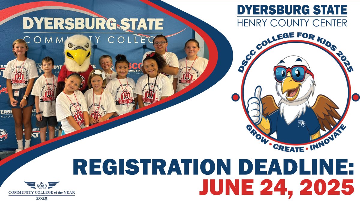 📢Last call for Henry County's College for Kids summer program.

🗓The deadline to register is Tuesday, June 24.

💻Visit eventbrite.com/e/dscc-college… to register.

🎓Grow, create, and innovate at Dyersburg State!🎓