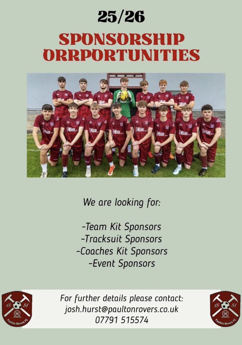 Paulton Rovers DC (@paultonroversdc) on Twitter photo 👕⚽️ Sponsorship Opportunities ⚽️👕
We are currently looking for local businesses/companies to sponsor 1 or more of our fantastic teams ahead of the 25/26 season 👌
If interested, please contact Josh for more details-
07791515574
Josh.hurst@paultonrovers.co.uk 👕⚽️ Sponsorship Opportunities ⚽️👕
We are currently looking for local businesses/companies to sponsor 1 or more of our fantastic teams ahead of the 25/26 season 👌
If interested, please contact Josh for more details-
07791515574
Josh.hurst@paultonrovers.co.uk