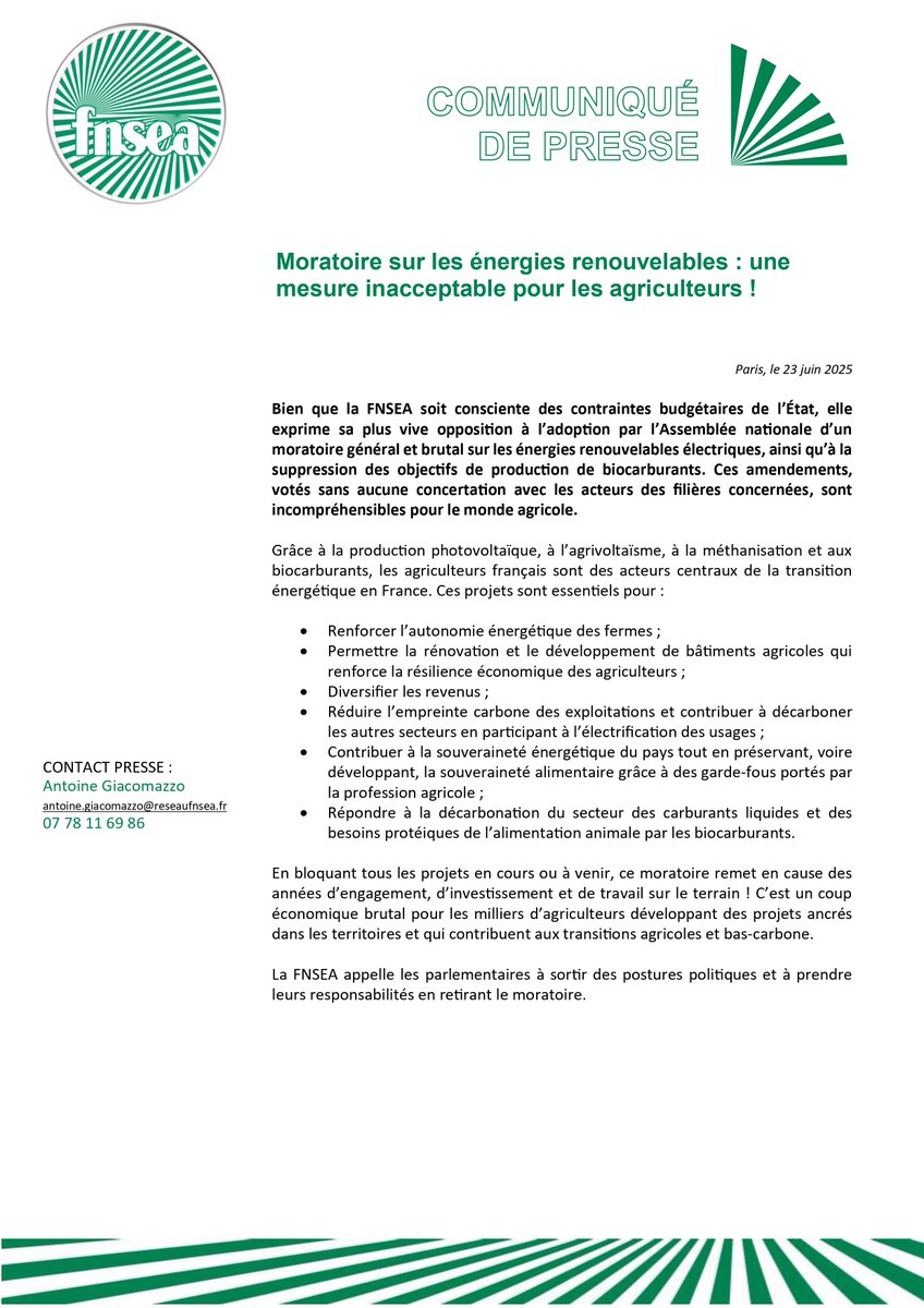 🗞️ Communiqué #FNSEA | "Moratoire sur les énergies renouvelables : une mesure inacceptable pour les agriculteurs !" 🚜✊ La FNSEA appelle les parlementaires à sortir des postures politiques et à prendre leurs responsabilités en retirant le moratoire.
🔗 fnsea.fr/communiques-de…
-