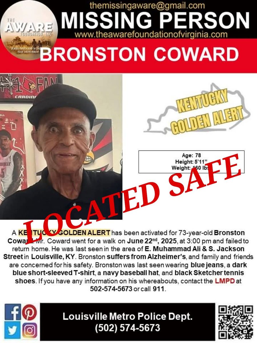 UPDATE: Mr. Coward has been located and is SAFE.  

 #TheAWAREFoundationInc