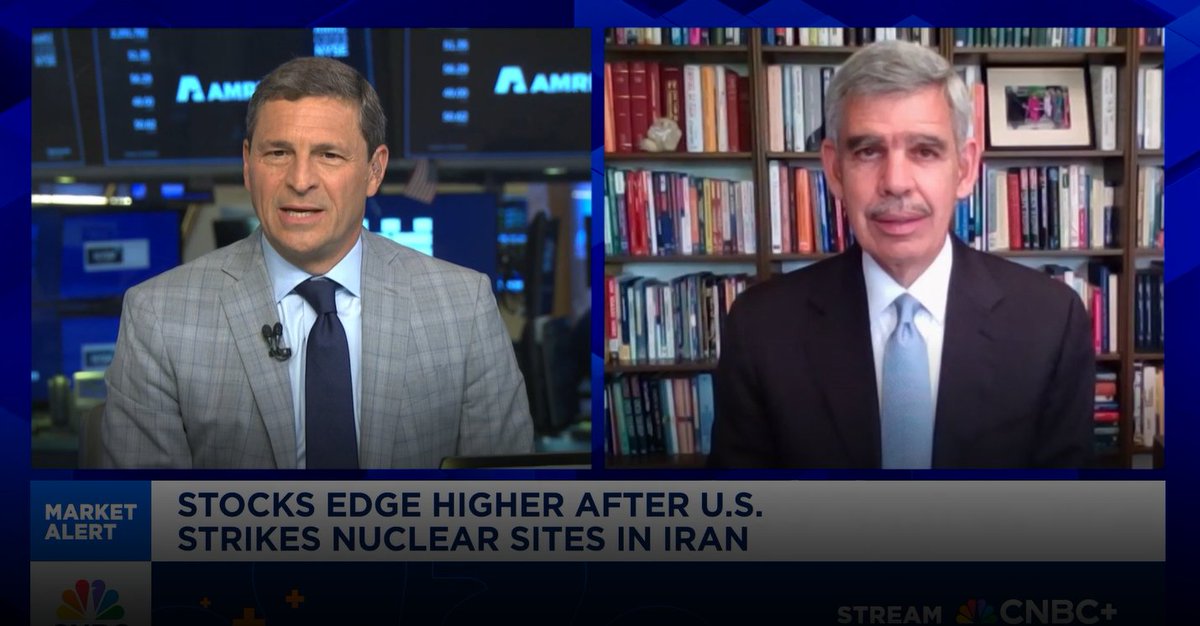 Mohamed A. El-Erian (@elerianm) on Twitter photo FYI, the link to today's <a href="/CNBC/">CNBC</a> conversation with <a href="/carlquintanilla/">Carl Quintanilla</a> , <a href="/davidfaber/">David Faber</a> and <a href="/SaraEisen/">Sara Eisen</a> -- on the market reaction to the US bombing of Iran and the economic implications.
Thank you Carl, David and Sara for having me on your show.
cnbc.com/video/2025/06/…
#economy #markets FYI, the link to today's <a href="/CNBC/">CNBC</a> conversation with <a href="/carlquintanilla/">Carl Quintanilla</a> , <a href="/davidfaber/">David Faber</a> and <a href="/SaraEisen/">Sara Eisen</a> -- on the market reaction to the US bombing of Iran and the economic implications.
Thank you Carl, David and Sara for having me on your show.
cnbc.com/video/2025/06/…
#economy #markets