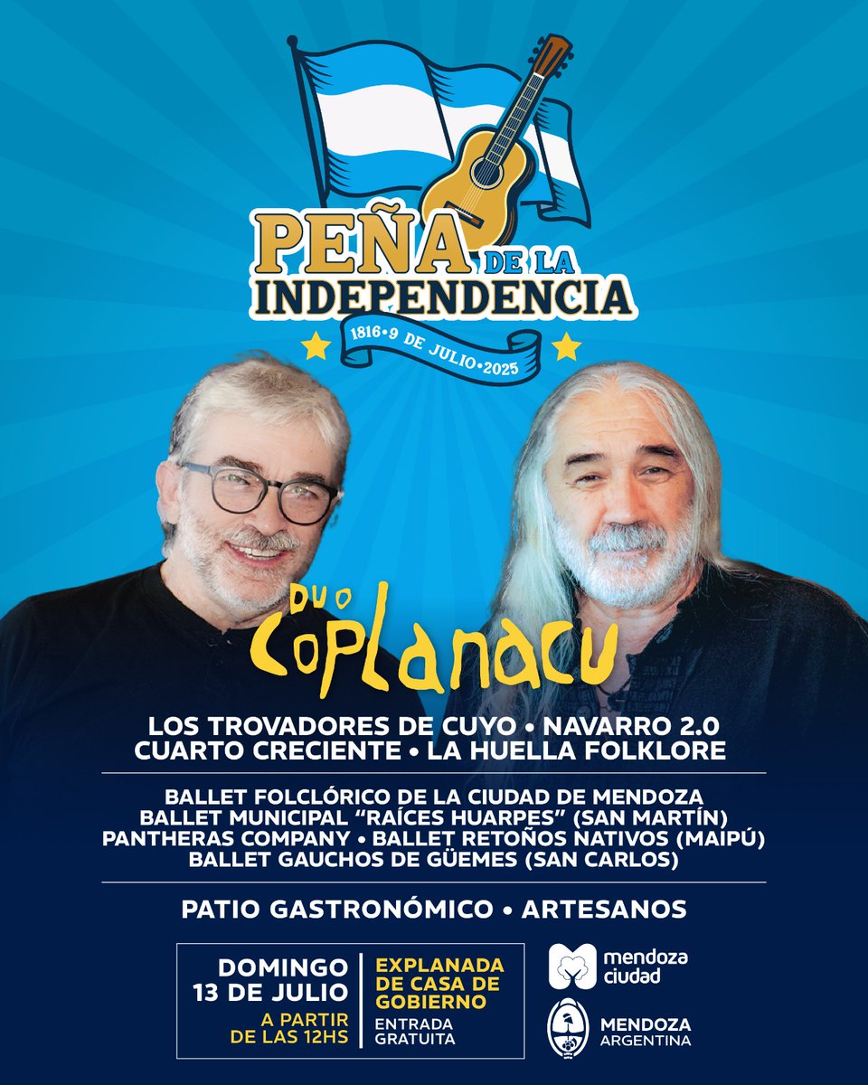 ¡Llega la Peña de la Independencia! 🇦🇷
Junto a <a href="/ciudaddemendoza/">Ciudad de Mendoza</a> los invitamos a celebrar el Día de la Independencia en Argentina en la Explanada de la Casa de Gobierno ✨
🗓 domingo 13 de julio
⏰ A partir de las 12 hs
👉🏻 Patio gastronómico, artesanos
🎟 Gratis
#CulturaMendoza