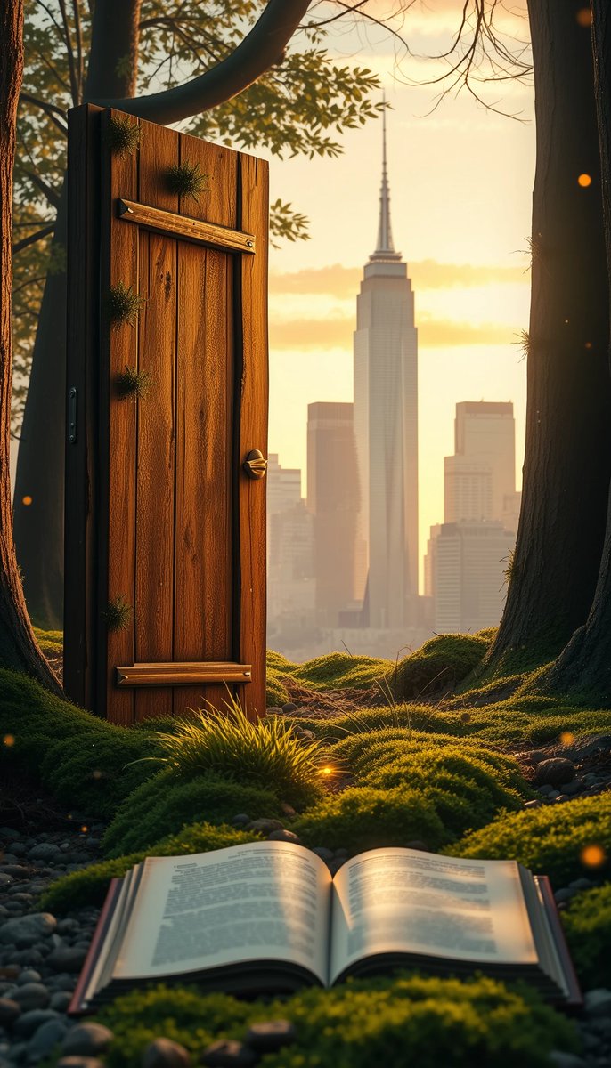 Sam__0116's tweet photo. "A book of wonders opens to a hidden doorway, bridging the magic of nature with the heart of the city, where every page breathes life into a new world at sunrise." https://t.co/1rz57Sw94A