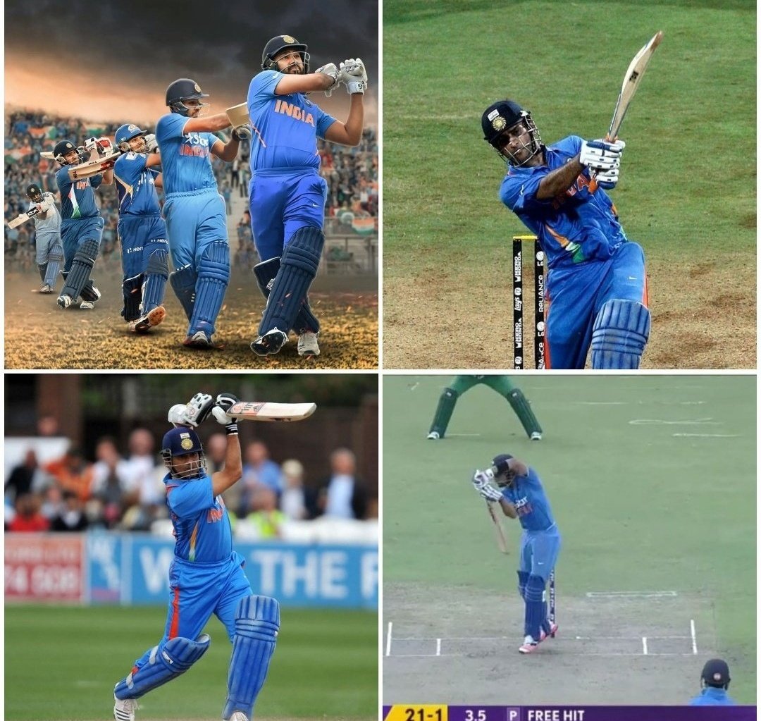Cricket shots and their owners :- 

• Pull shot - Rohit Sharma 
• Straight drive - Sachin Tendulkar 
• Helicopter - MS Dhoni
• Defence on free hit - Virat Kohli