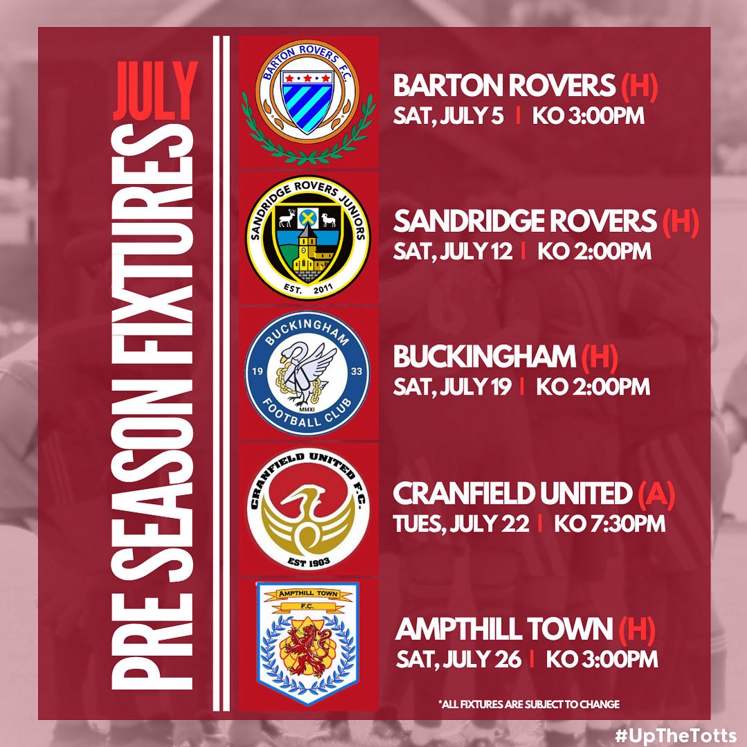 Totternhoe Football Club (@tottsfc) on Twitter photo πππ πππΌπππ ππππππΏππππ!
With our pre season kicking off this week, our schedule has been finalised giving the lads a tough test this summer before we start our league campaign early August.
We look forward to seeing old and new faces!
#UpTheTotts | π΄βͺοΈ πππ πππΌπππ ππππππΏππππ!
With our pre season kicking off this week, our schedule has been finalised giving the lads a tough test this summer before we start our league campaign early August.
We look forward to seeing old and new faces!
#UpTheTotts | π΄βͺοΈ