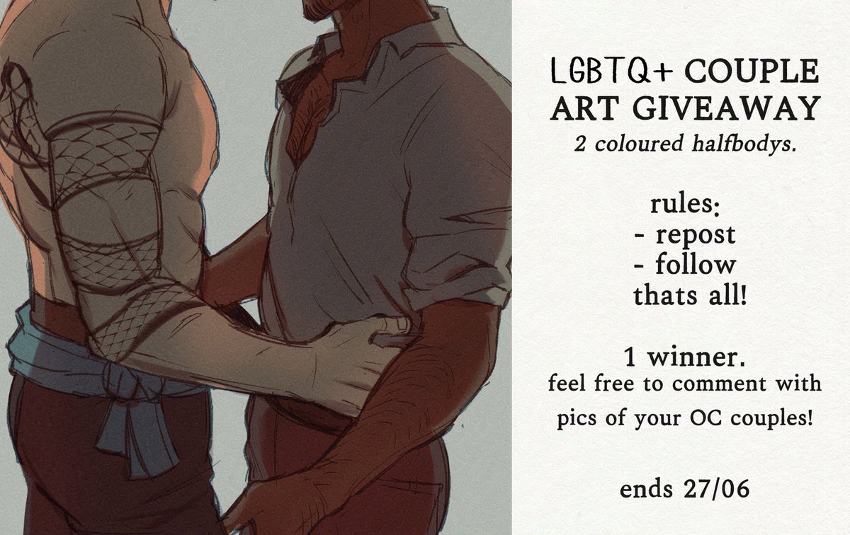 for pride this year, I humbly offer a little giveaway for art of your LGBTQ+ OC couples! Any and all are welcome.