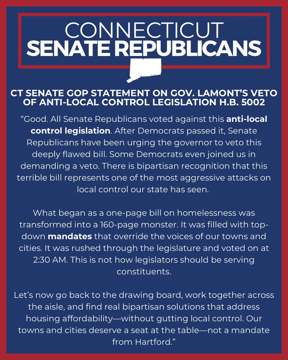 🚨BREAKING NEWS: Gov. Lamont just announced that he is vetoing H.B. 5002! OUR VOICES WERE HEARD! Thank you to everyone who spoke out about this anti-local control legislation by contacting the Governor's office and telling him that our municipalities don't want one-size-fits-all