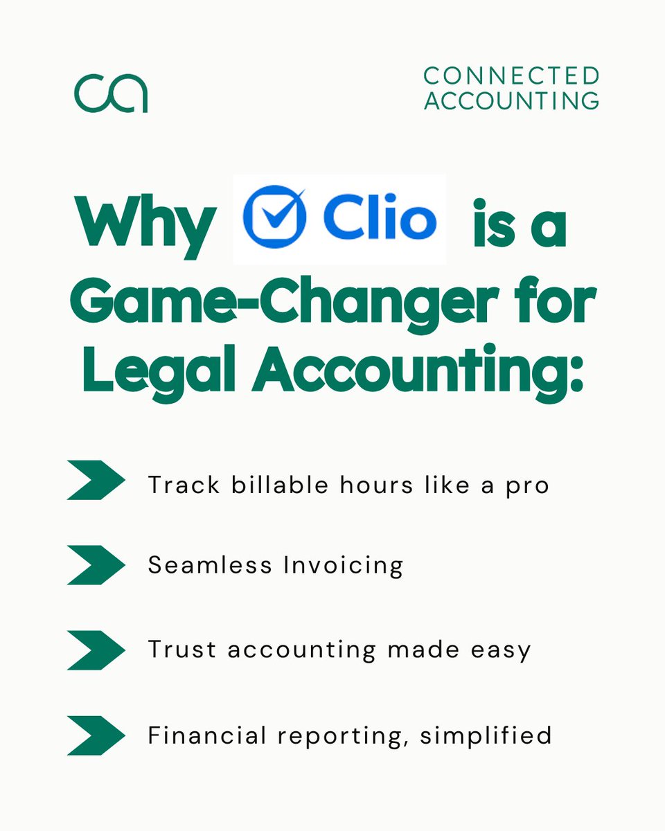 ✨ Why Clio’s a game-changer for legal accounting:

✅ Track billable hours like a pro
💸 Seamless invoicing
📁 Trust accounting made easy
📊 Financial reporting, simplified