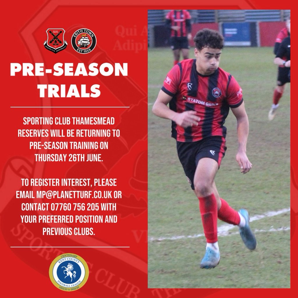 📋 | <a href="/SCThamesmeadFC/">SC Thamesmead FC 🏴󠁧󠁢󠁥󠁮󠁧󠁿</a> RESERVES TRIALS

Sporting Club Thamesmead Reserves are holding pre-season trials and return to training on Thursday 26th June.

To enquire, please contact <a href="/marcpetters/">Marc Petters</a> on the information in the flyer with your previous experience and preferred position.