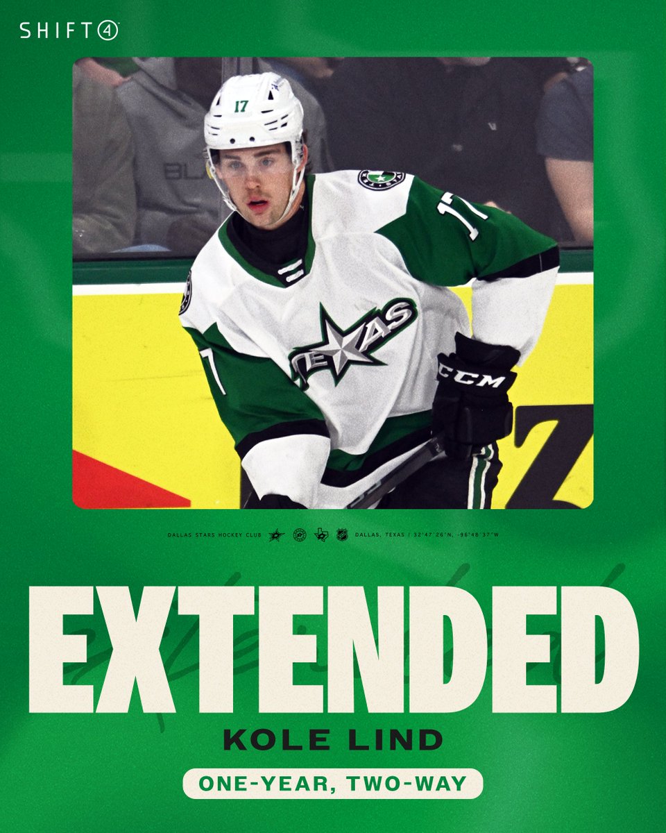 DallasStars's tweet photo. Well this is pretty Kole! 🆒

We have signed Kole Lind to a one-year, two-way contract extension through the 2025-2026 season.

📰 MORE: https://t.co/YRfvmDte3w

@shift4 | #TexasHockey https://t.co/7XkoxIP2dp