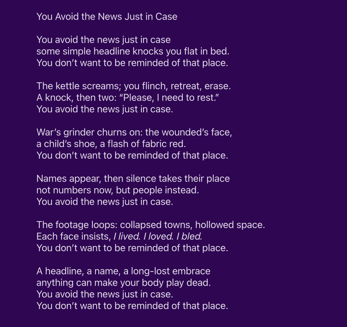 Today write a villanelle - a form that refuses to forget. With its pattern of repeating lines and tight rhyme, the villanelle lends itself to obsession, grief, survival, and transformation.

aftershockpoetry.substack.com/p/day-69-the-d…