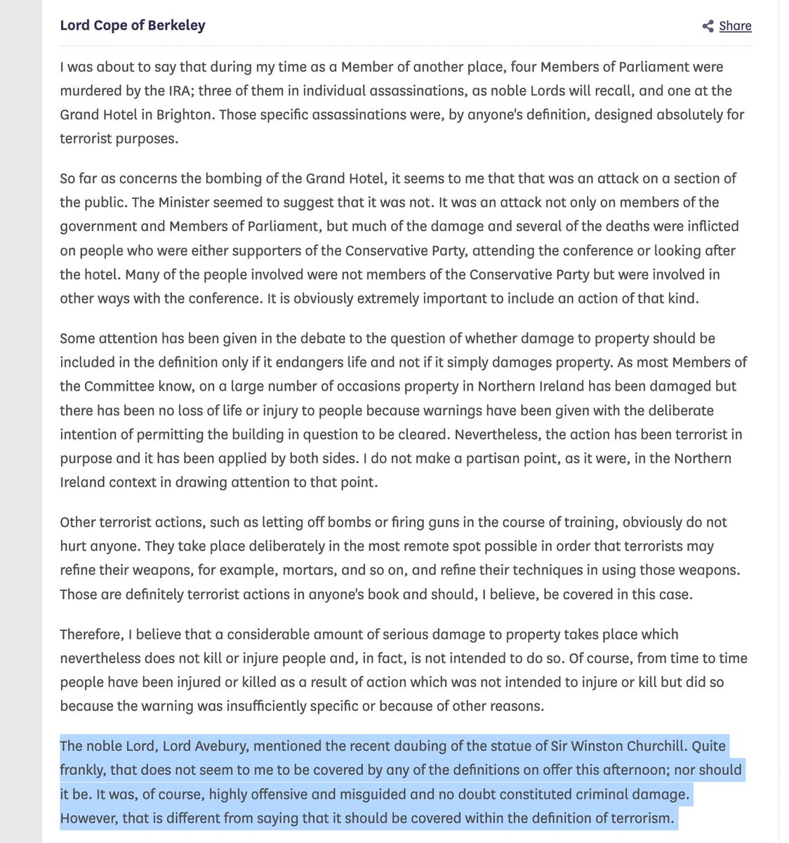 Lib Dem peer Lord Avebury said "no one in their right mind" would consider the use of paint to be an act of terrorism

Conservative Lord Cope agreed and said criminal damage of that type should not be "covered within the definition of terrorism"

hansard.parliament.uk/lords/2000-05-…